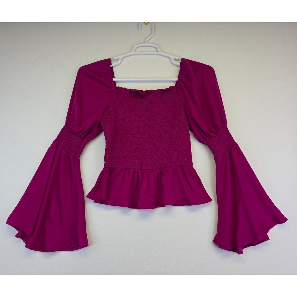 Meraki Top Womens M Purple Puffed Bell Sleeve Square Neck Smocked Babydoll Y2K